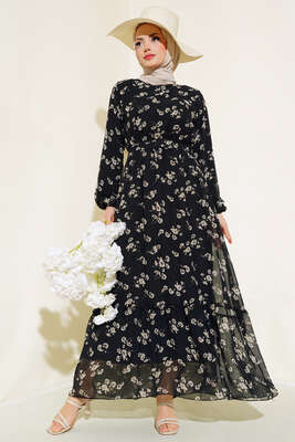 Çiçekli Bel Lastikli Şifon Elbise Siyah - Thumbnail