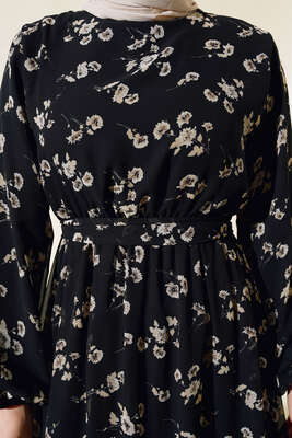 Çiçekli Bel Lastikli Şifon Elbise Siyah - Thumbnail