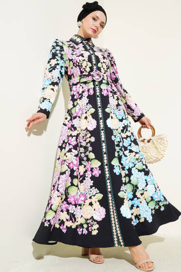 Çiçekli Boydan Düğmeli Kemerli Siyah - Elbise