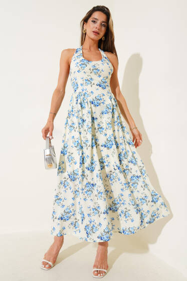 Çiçekli Boyundan Bağlamalı Elbise Mavi - Kadın Giyim Modelleri