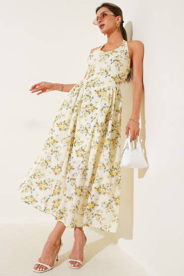 Çiçekli Boyundan Bağlamalı Elbise Sarı - Kadın Giyim Modelleri