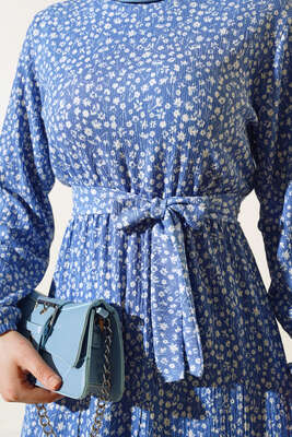 Çiçekli Bürümcük Elbise Mavi - Thumbnail