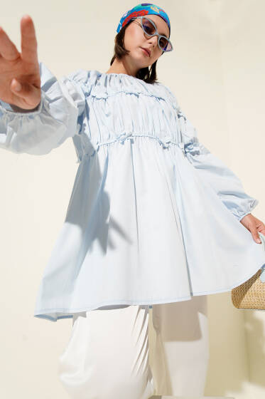 Çiçekli Büzgülü Tunik Bebe Mavi - Tunik