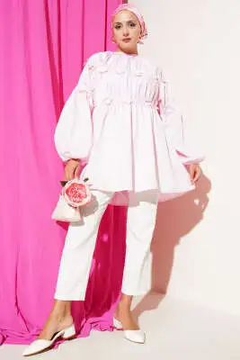 Çiçekli Büzgülü Tunik Pembe - Tunik