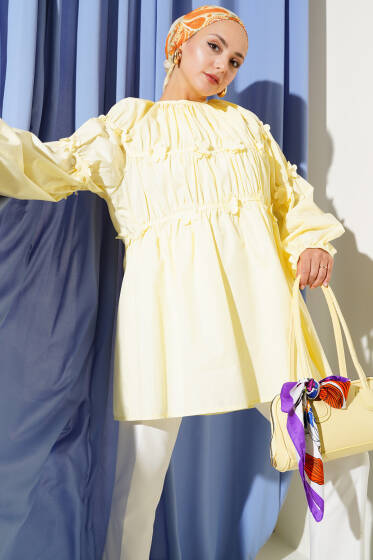 Çiçekli Büzgülü Tunik Sarı - Tunik