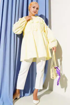 Çiçekli Büzgülü Tunik Sarı - Tunik
