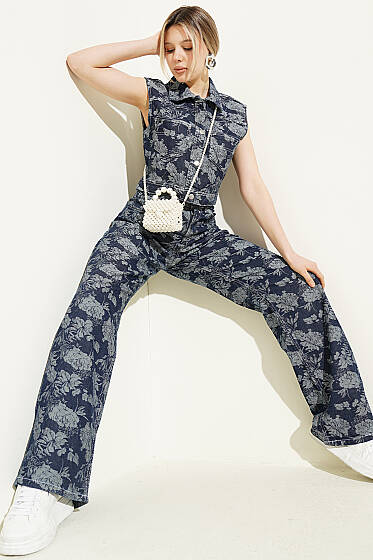 Çiçekli Crop Yelekli Kot İkili Takım Lacivert - Kadın Giyim Modelleri