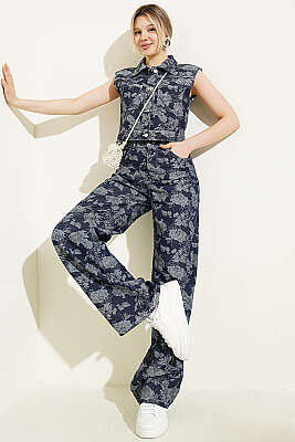 Çiçekli Crop Yelekli Kot İkili Takım Lacivert - Kadın Giyim Modelleri