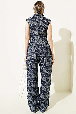 Çiçekli Crop Yelekli Kot İkili Takım Lacivert - Kadın Giyim Modelleri