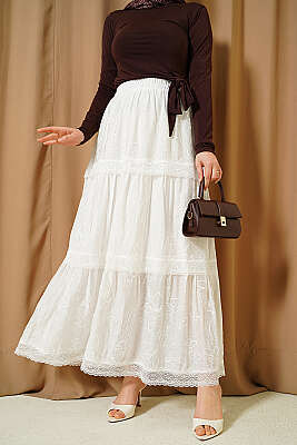 Çiçekli Dantelli Etek Beyaz - REYON