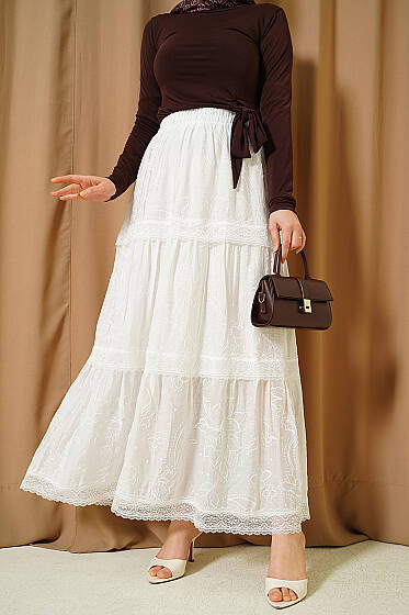 Çiçekli Dantelli Etek Beyaz - Etek