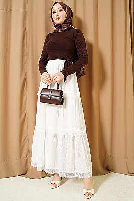 Çiçekli Dantelli Etek Beyaz - Etek