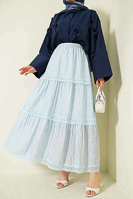 Çiçekli Dantelli Etek Buz Mavisi - REYON