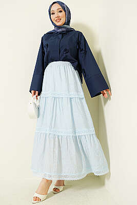 Çiçekli Dantelli Etek Buz Mavisi - Etek