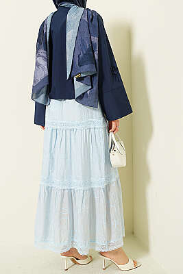 Çiçekli Dantelli Etek Buz Mavisi - Etek