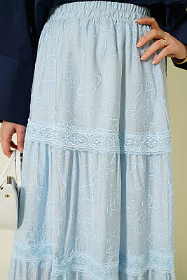 Çiçekli Dantelli Etek Buz Mavisi - Etek
