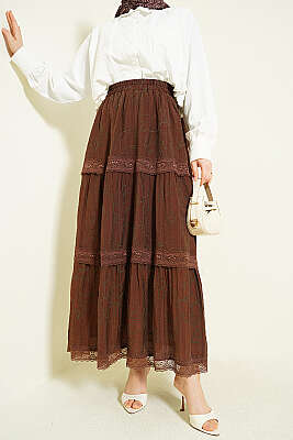 Çiçekli Dantelli Etek Kahve - REYON