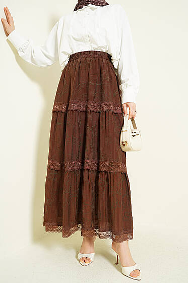 Çiçekli Dantelli Etek Kahve - Etek