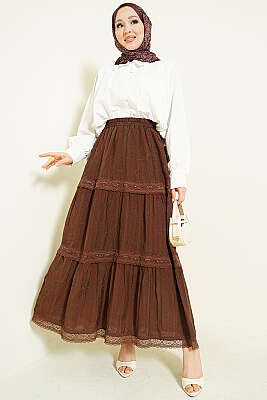 Çiçekli Dantelli Etek Kahve - Etek