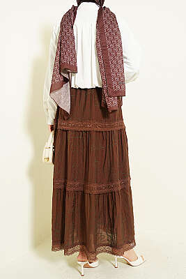 Çiçekli Dantelli Etek Kahve - Etek