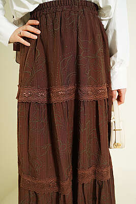 Çiçekli Dantelli Etek Kahve - Etek