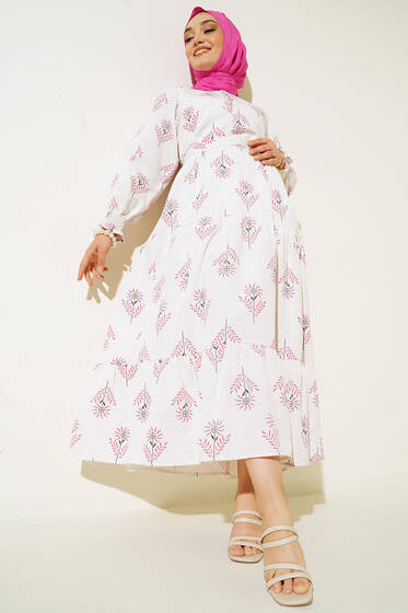 Çiçekli Desen Kolu Gipeli Kuşaklı Elbise Fusya - Tesettür Elbise