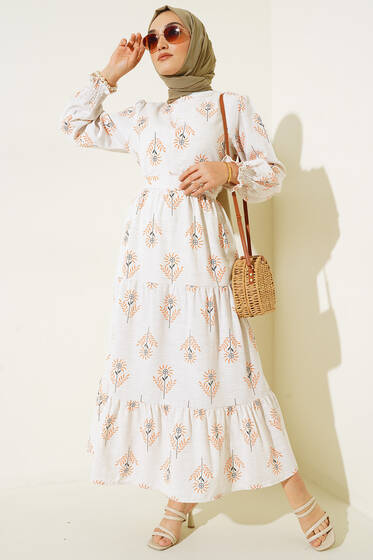 Çiçekli Desen Kolu Gipeli Kuşaklı Elbise Oranj - Tesettür Elbise