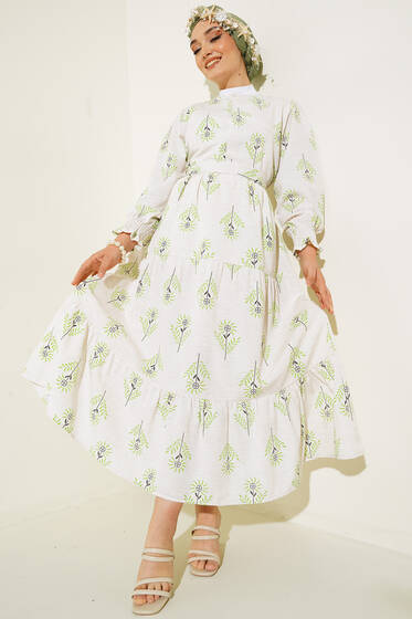 Çiçekli Desen Kolu Gipeli Kuşaklı Elbise Yeşil - Tesettür Elbise