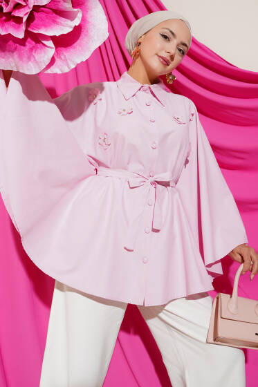 Çiçekli Detaylı Panço Gömlek Pembe - Gömlek