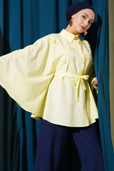 Çiçekli Detaylı Panço Gömlek Sarı - Gömlek