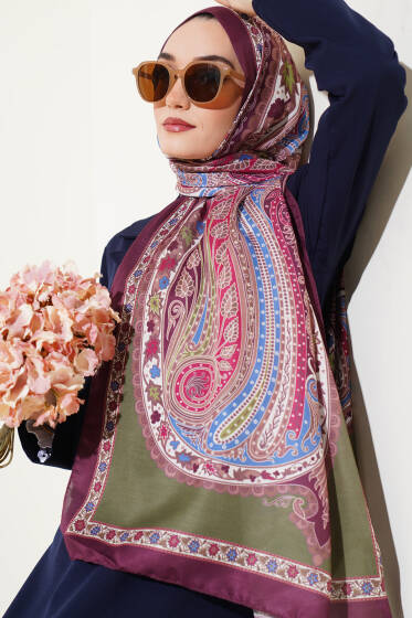 Çiçekli Etnik Desen Şal Mürdüm - Başörtüsü