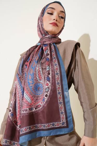 Çiçekli Etnik Desen Şal Petrol - Başörtüsü
