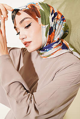 Çiçekli Fırça Desen Elegance Eşarp Bej - Başörtüsü