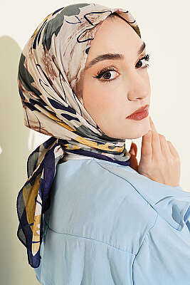 Çiçekli Fırça Desen Elegance Eşarp Lacivert - Başörtüsü