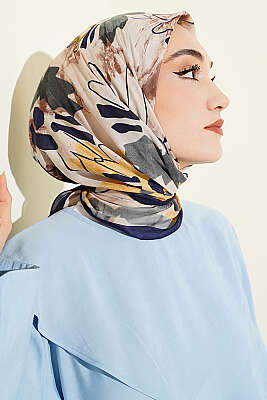 Çiçekli Fırça Desen Elegance Eşarp Lacivert - Başörtüsü