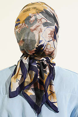 Çiçekli Fırça Desen Elegance Eşarp Lacivert - Başörtüsü