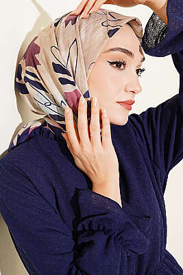 Çiçekli Fırça Desen Elegance Eşarp Lacivert Bej 