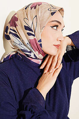 Çiçekli Fırça Desen Elegance Eşarp Lacivert Bej - Başörtüsü