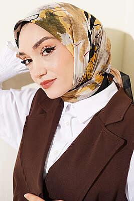 Çiçekli Fırça Desen Elegance Eşarp Siyah Sarı 