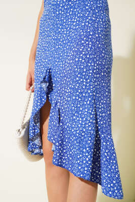 Çiçekli Fırfırlı Etek Saks - Kadın Giyim Modelleri