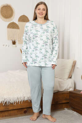 Çiçekli Fitilli Büyük Beden Pijama Takımı Çağla Yeşili - Pijama