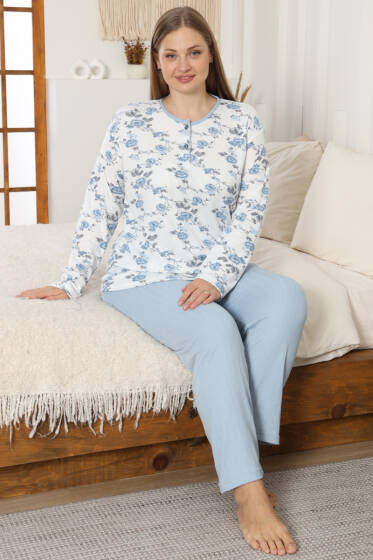 Çiçekli Fitilli Büyük Beden Pijama Takımı Mavi - Pijama