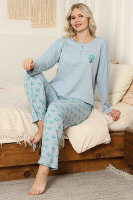 Çiçekli Fitilli Pijama Takımı Bebe Mavi 