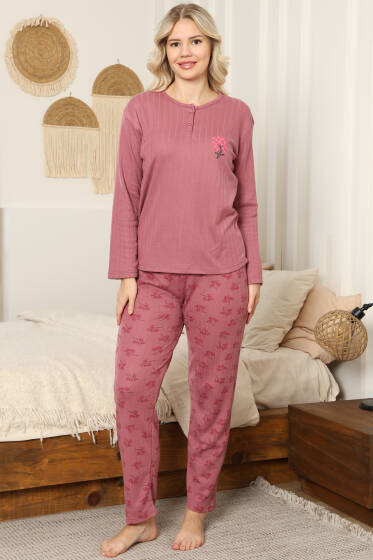 Çiçekli Fitilli Pijama Takımı Gül Kurusu - Pijama