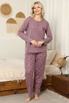 Çiçekli Fitilli Pijama Takımı Mürdüm 