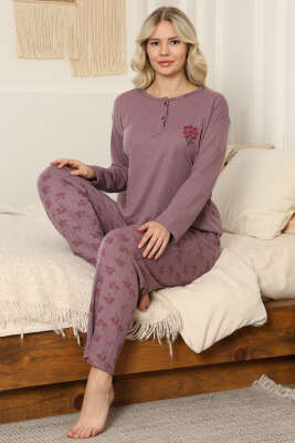 Çiçekli Fitilli Pijama Takımı Mürdüm - Pijama