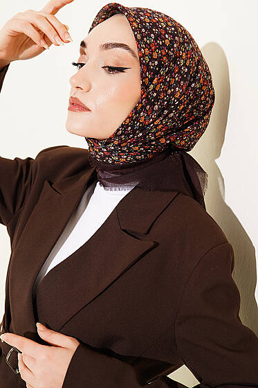 Çiçekli Flamu Cotton Eşarp Acı Kahve - Başörtüsü