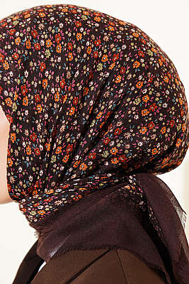 Çiçekli Flamu Cotton Eşarp Acı Kahve - Başörtüsü