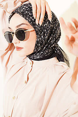 Çiçekli Flamu Cotton Eşarp Antrasit 