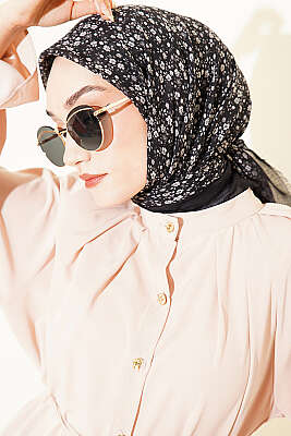 Çiçekli Flamu Cotton Eşarp Antrasit - Başörtüsü